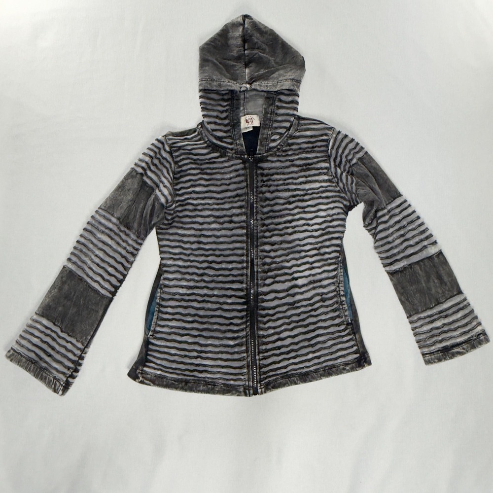 Fuzy Camel Womens M Black Grey Textured Striped Zip Up Hoodie Cotton Nepal Boho - Picture 10 of 12